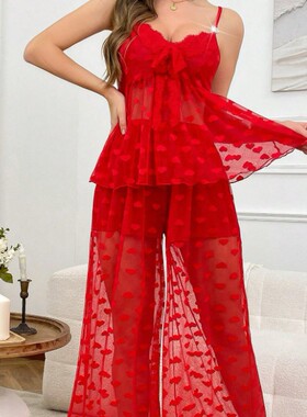 Women sexy lace mesh suspender+pants pajama set蕾丝睡衣套装