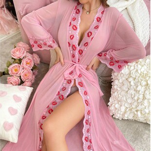 Women's sexy lingerie long sleeved lace long nightgown女睡袍