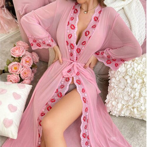 Women's sexy lingerie long sleeved lace long nightgown女睡袍
