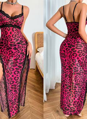 Sexy leopard print long skirt mesh slit pajamas豹纹睡裙网纱