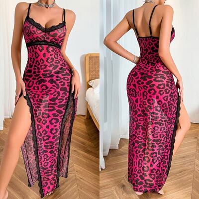 Sexy leopard print long skirt mesh slit pajamas豹纹睡裙网纱
