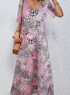 Women printed dress V-neck short sleeved jumpsuit long skirt