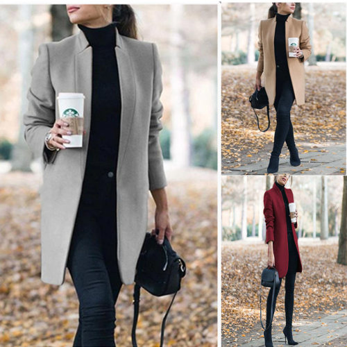 Women's winter standing collar woolen coat女纯色立领毛呢外套