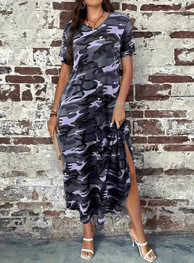 Women's camouflage printed dress, short sleeved long dress