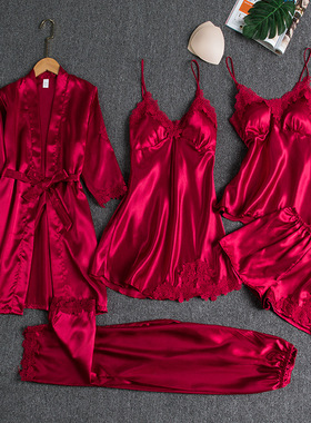 Women's Ice Silk Sexy Long Sleeve Bathrobe Five Piece Set女