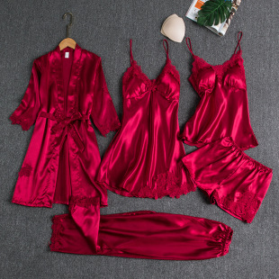 Women's Ice Silk Sexy Long Sleeve Bathrobe Five Piece Set女
