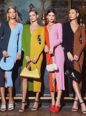 Women's V-neck high waisted long dress女拼色高腰长款连衣裙