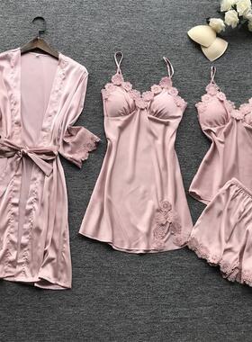 Four piece lace nightgown set for women's clothing女睡袍套装