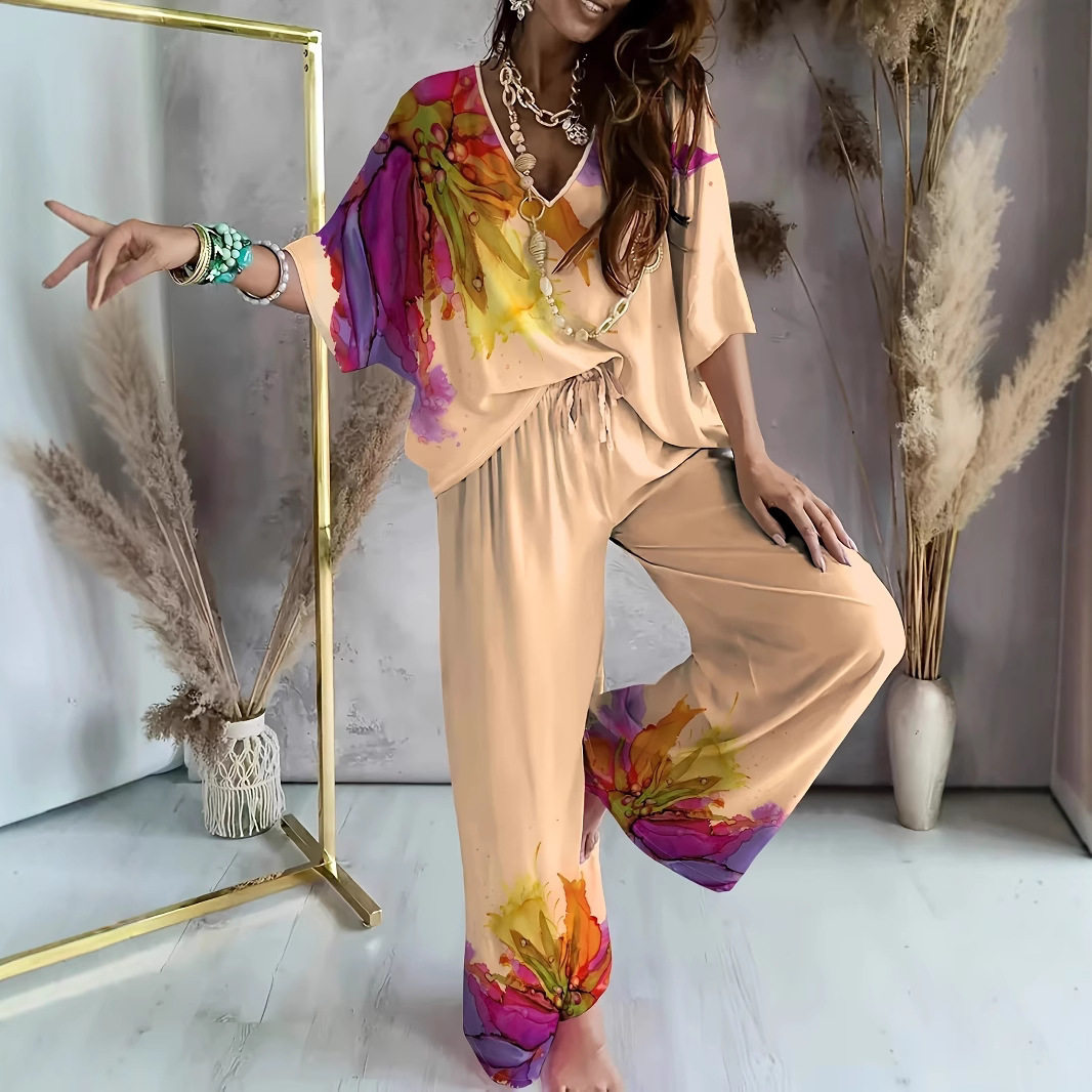 Women's round neck loose casual printed suit宽松休闲印花套装