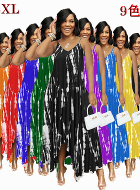 Women printed suspender slit pocket dress女印花开叉口袋长裙