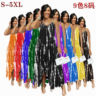 slit Women printed suspender dress女印花開叉口袋長裙 pocket