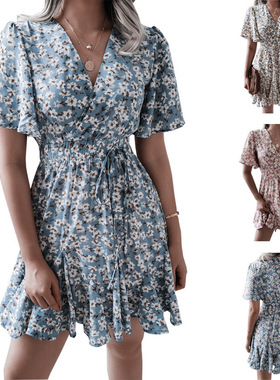 Women's printed chiffon sexy dress女装印花雪纺性感连衣裙女