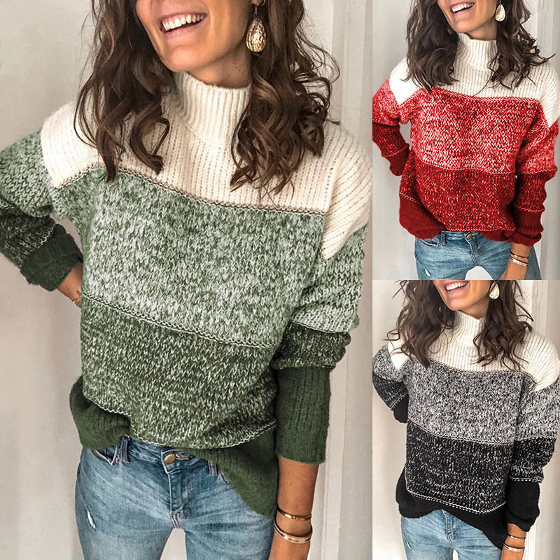 Women's striped high neck sweater女欧美条纹拼接高领撞色毛衣