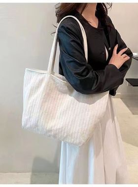 韩国ins慵懒风帆布包女大容量条纹托特单肩包红色购物袋休闲大包