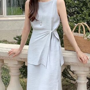 淑女气质 韩国东大门无袖连衣裙 腰间系带宽松背心长裙 韩版连衣
