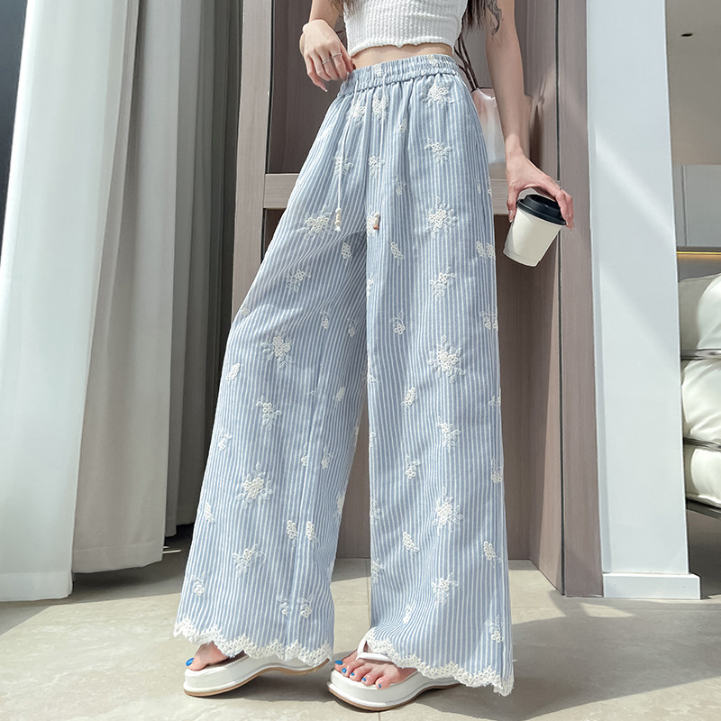 实拍蓝色条纹刺绣阔腿裤女2026夏季高腰设计感蕾丝拼接休闲直筒裤