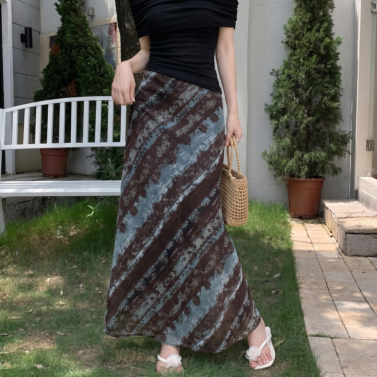 复古扎染印花半身裙女夏季新款高腰显瘦裙通勤裙半身汕德卡雾灯