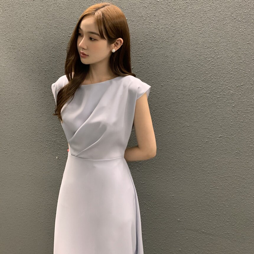 韩国chic优雅气质女人味压褶设计系带收腰显瘦连衣裙A字裙通勤