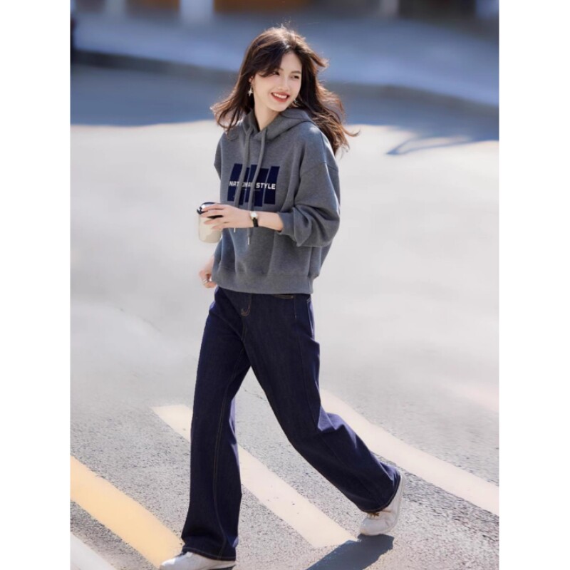 已出货 灰色抽绳印花连帽卫衣女秋25新款宽松休闲帽衫小个子上衣