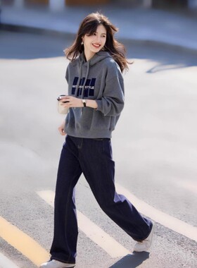 已出货 灰色抽绳印花连帽卫衣女秋25新款宽松休闲帽衫小个子上衣