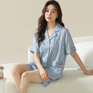开衫 仿真丝夏季 ins风薄款 家居服套装 短袖 睡衣夏天女冰丝新款 短裤