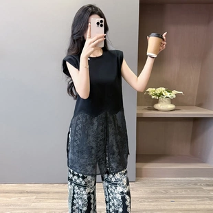 夏装 两件套 搭配一整套女小众设计感黑色无袖 上衣复古老钱风阔腿裤