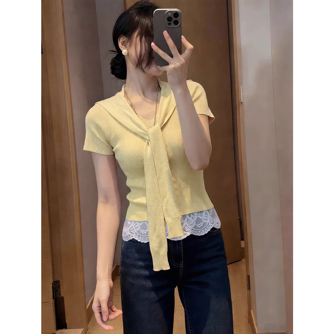 粉色小飞袖披肩v领冰丝针织短袖t恤女2026夏季超好看独特短款上衣