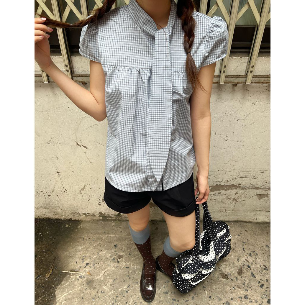 ins日系少女格纹短袖衬衫立领系带泡泡袖百搭格子防晒骑行衣防晒