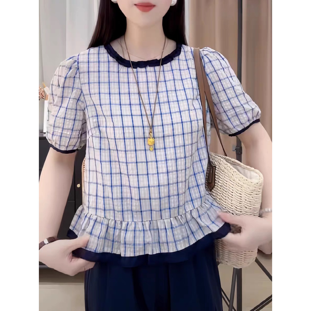 夏装新款大码格子木耳边短袖女甜美小衫蕾丝衫雪纺衫国风上衣