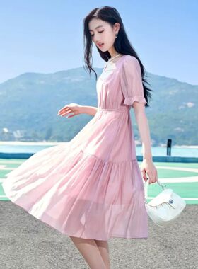 香影方领连衣裙女2023夏装新款法式收腰泡泡袖莱赛尔天丝绿色裙子