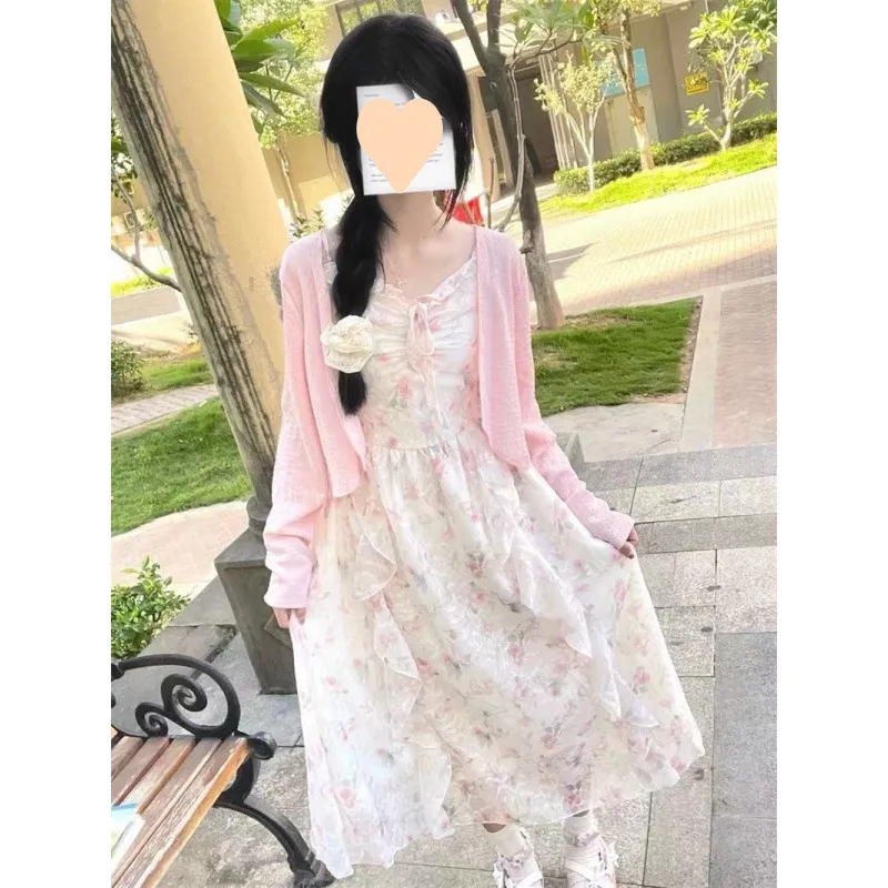小清新碎花吊带裙女2025春夏新款荷叶边开衫收腰长款连衣裙两件套