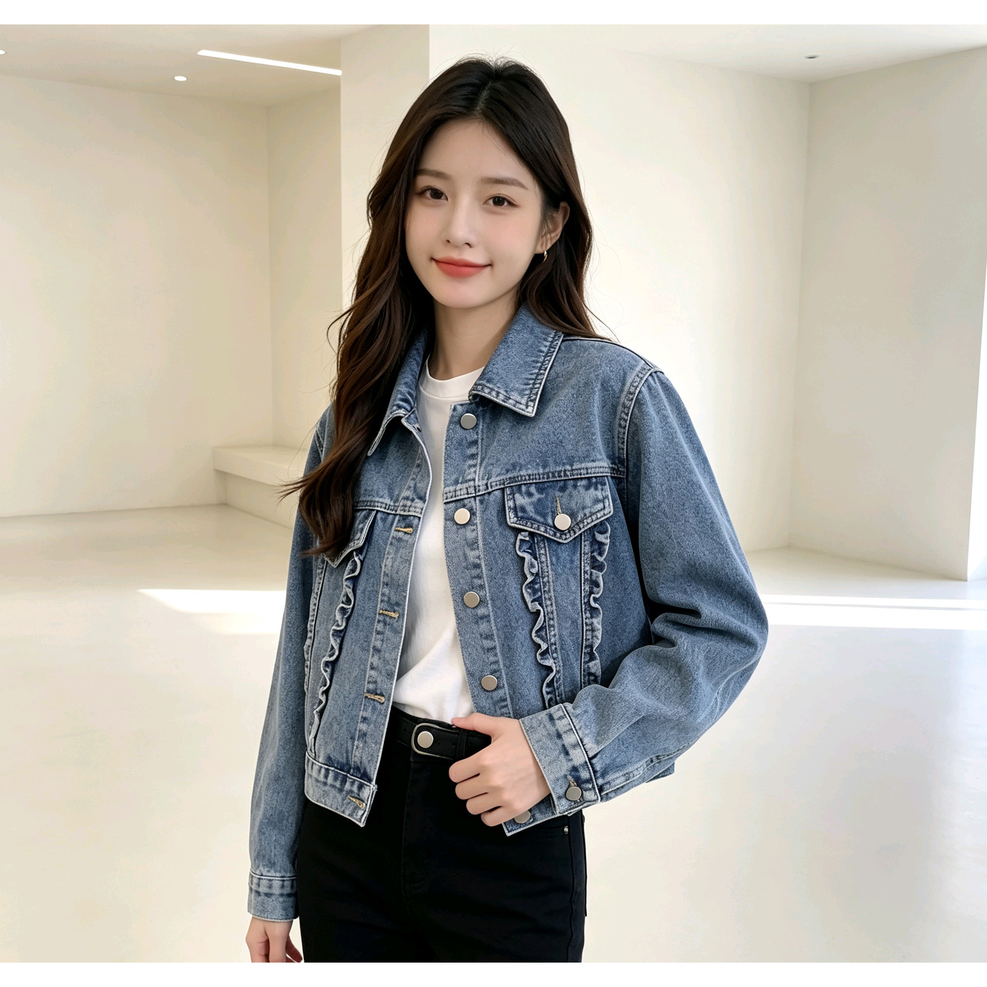 2026春秋休闲木耳花边短款翻领牛仔夹克女装上衣宽松版型马夹其他