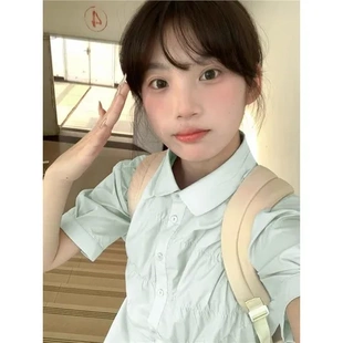 上衣衬衣甜美设计感小众夏季 法式 衬衫 新款 女2024 薄荷绿泡泡袖 短袖