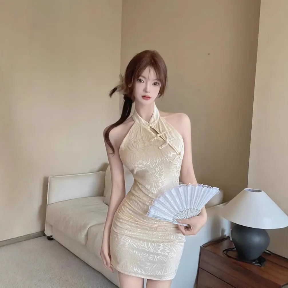 密文下单  性感蕾丝挂脖吊带旗袍改良包臀打底短款连衣裙