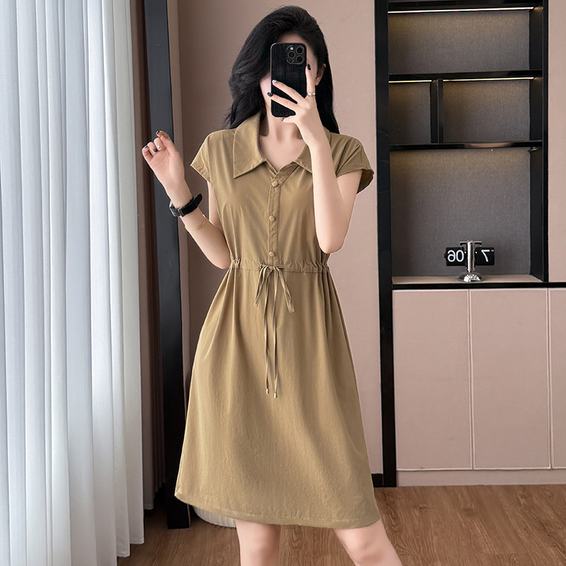 卡其色显瘦大码女装胖mm胖妹妹短袖连衣裙子夏季新款收腰韩版修身