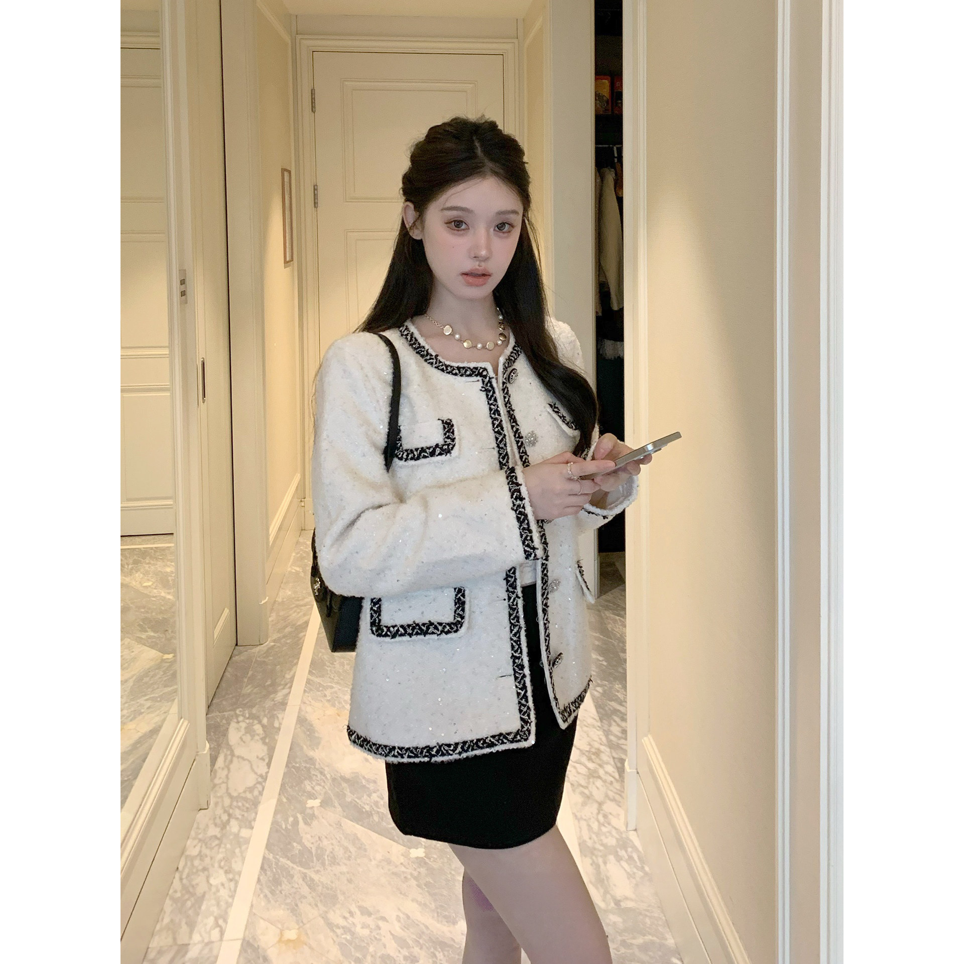 含小香风米白色亮片羊毛粗花呢西装外套女轻奢夏法式夏连衣裙碎花