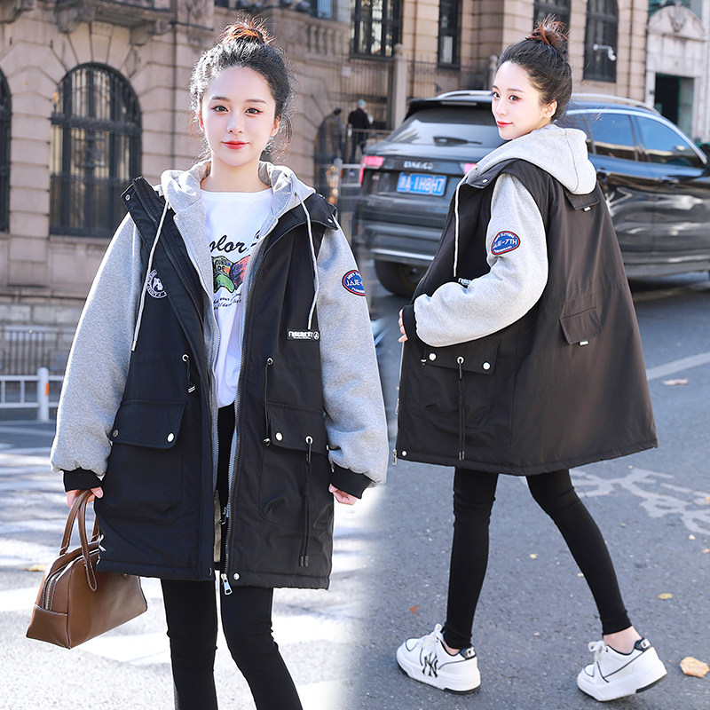 假两件学院风棉衣棉服加绒加棉加厚派克服中长款中长款连帽女装