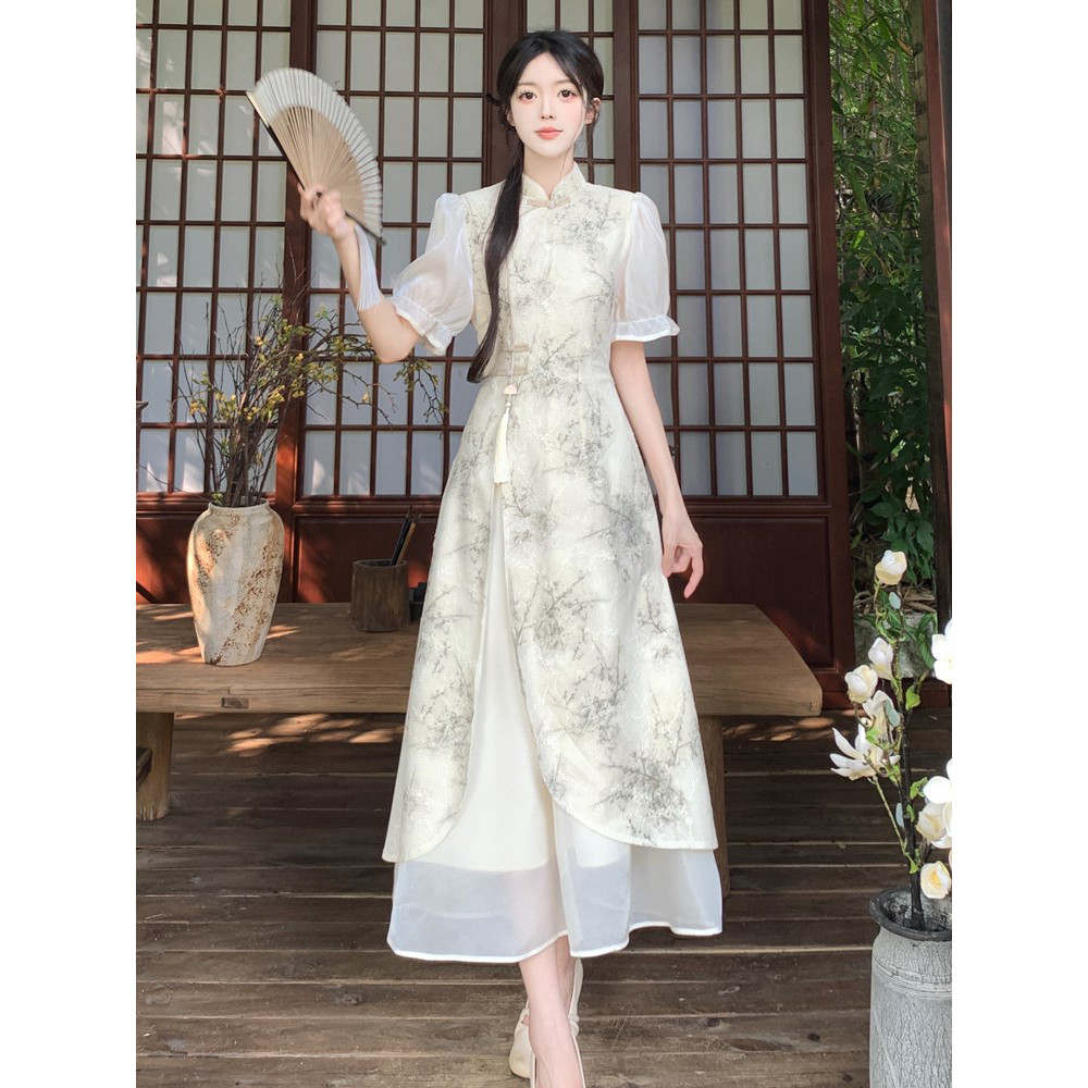 实拍夏季新款胖mm新中式国风改良设计感流苏连衣裙旗袍过膝长裙子