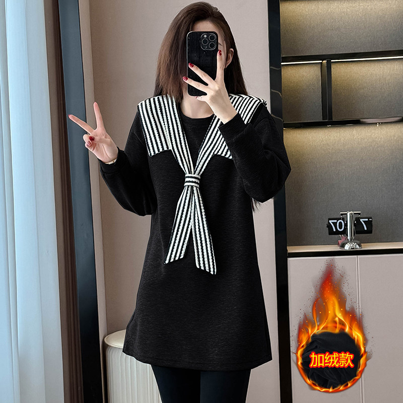 韩系设计感条纹披肩卫衣裙女2025秋冬休闲大码显瘦百搭中长款上衣
