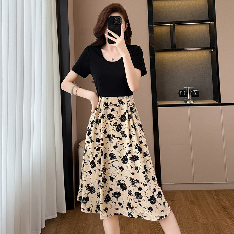 时尚印花假两件套大码女装胖MM胖妹妹短袖修身显瘦连衣裙夏季新款