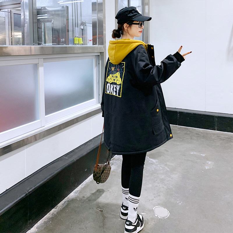 韩版撞色连帽插肩中长款卡通印花大码外套西装其他长袖女套装春秋