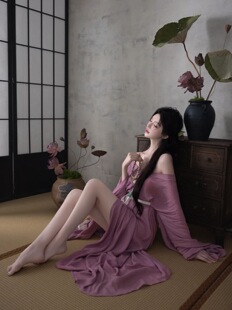 枯荷紫韵妆造汉服影楼主题服装性感睡袍直裾超仙荷花仙子性感古装