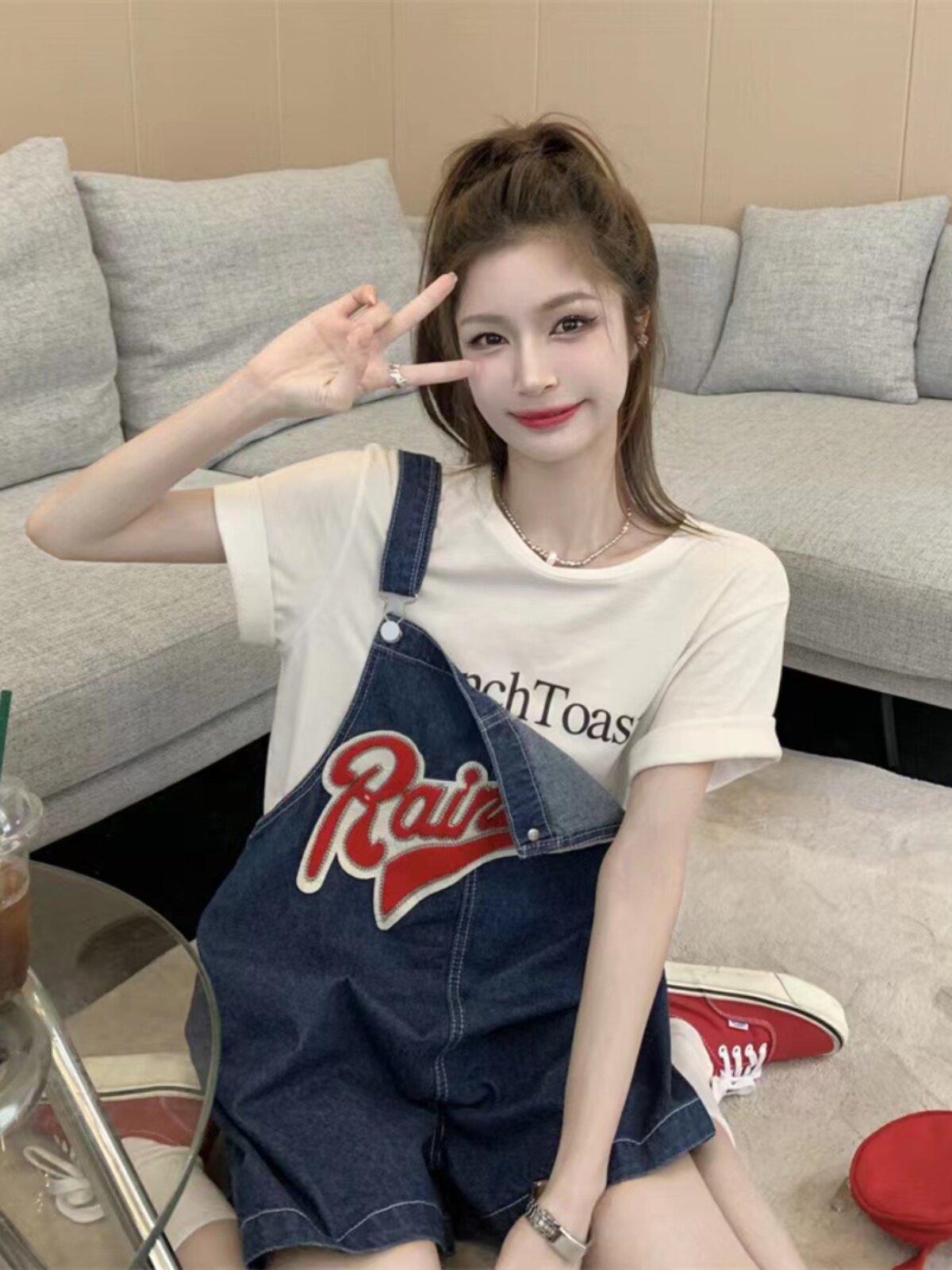 AMERICAN RETRO FASHION BRAND EMBROIDERED DENIM BIB SHORTS WOMENS DESIGN SENSE NICHE JUMPSUITS SMALL MAN WIDE LEG PANTS
