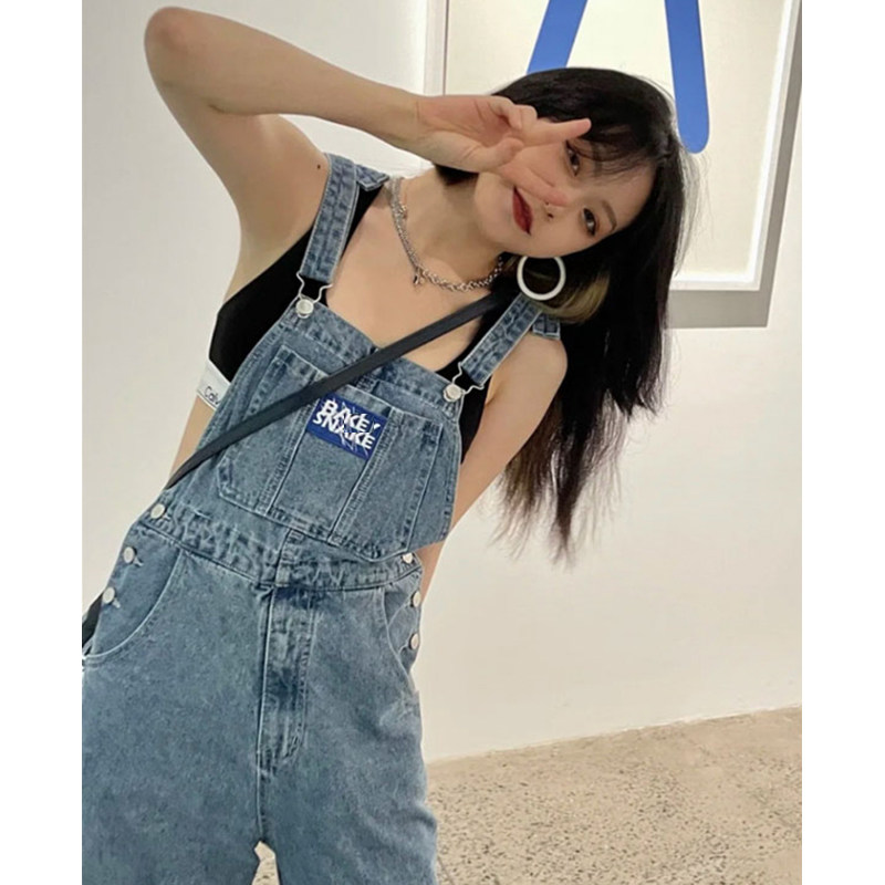 AMERICAN RETRO DENIM BIB WOMENS SUMMER HIGH-WAISTED SLIM DESIGN SENSE NICHE AGE-REDUCING LOOSE WIDE-LEGGED LONG PANTS
