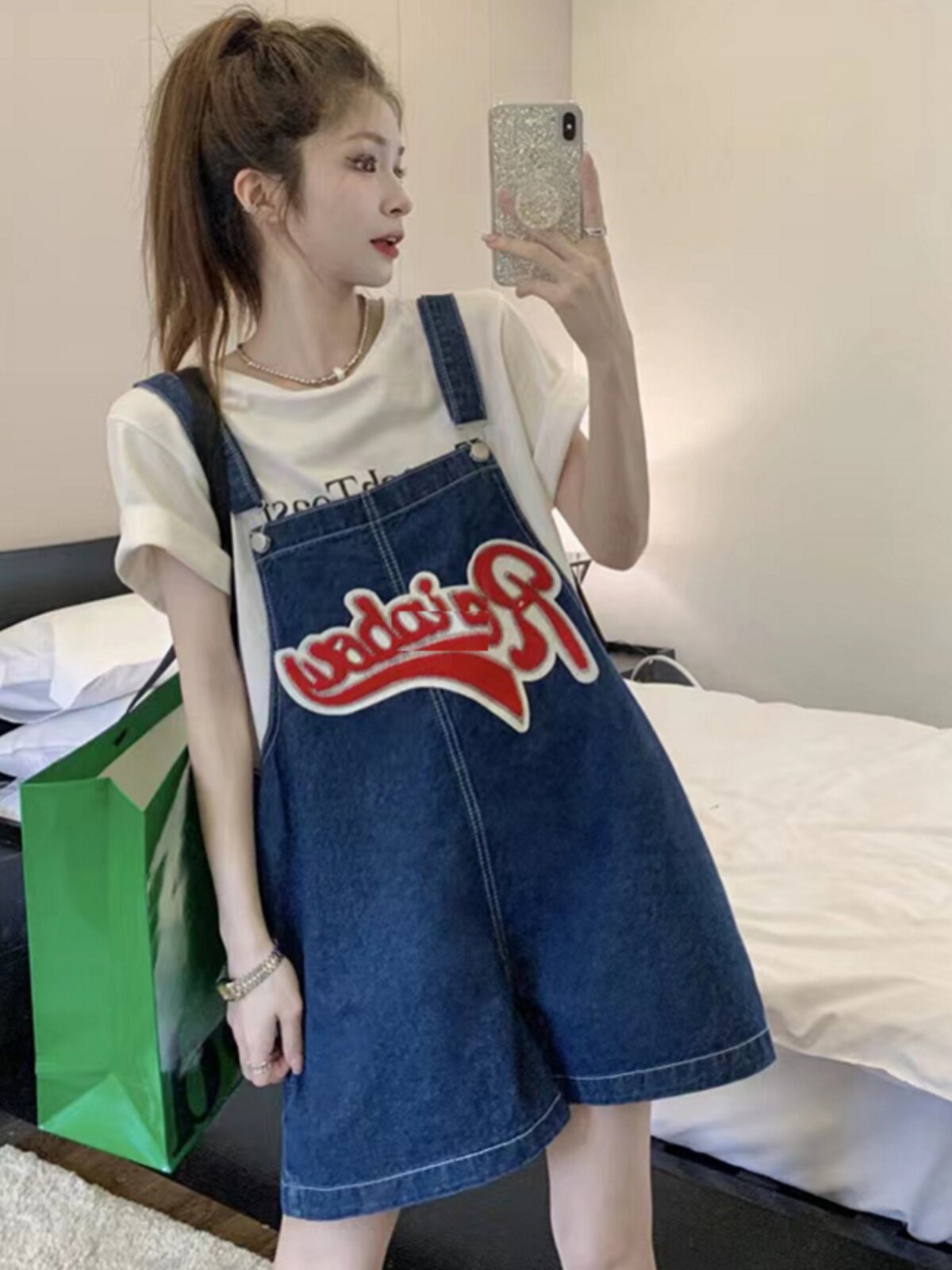 AMERICAN RETRO FASHION BRAND EMBROIDERED DENIM BIB SHORTS WOMENS DESIGN SENSE NICHE JUMPSUITS SMALL MAN WIDE LEG PANTS