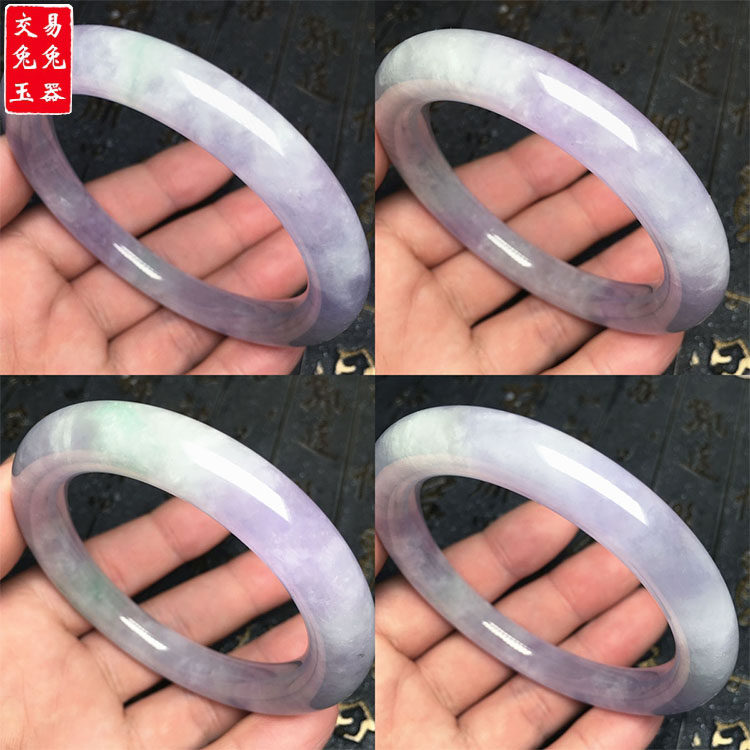 缅甸冰紫飘花翡翠圆条玉手镯 紫色圆条玉手环 玉镯