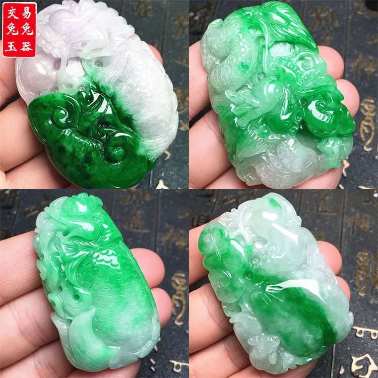缅甸阳绿翡翠龙牌玉吊坠 阳绿龙鱼玉坠 阳绿福瓜寿桃玉坠
