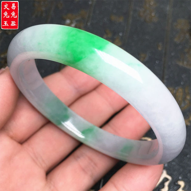 缅甸阳绿飘花翡翠玉镯 阳绿飘花手镯  绿色圆形玉手环 55.3圈口