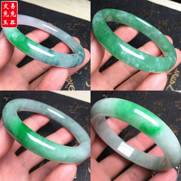 缅甸白底阳绿飘花翡翠手镯 冰阳绿飘花手镯  绿玉手环
