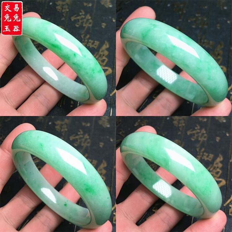 缅甸阳绿翡翠玉手镯 豆色阳绿大玉手环 阳绿飘花宽版大气绿玉镯